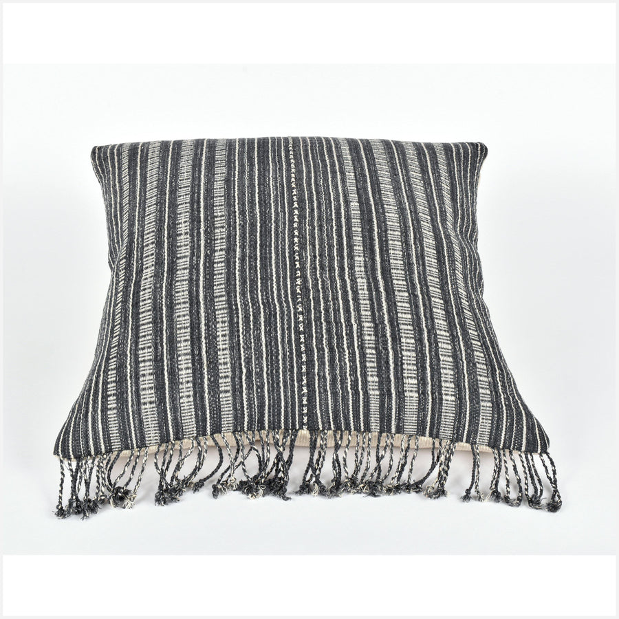 Tribal ethnic striped pillow, Hmong tribal 22 in. square cushion, handwoven cotton, neutral dark gray cream natural organic dye KK64