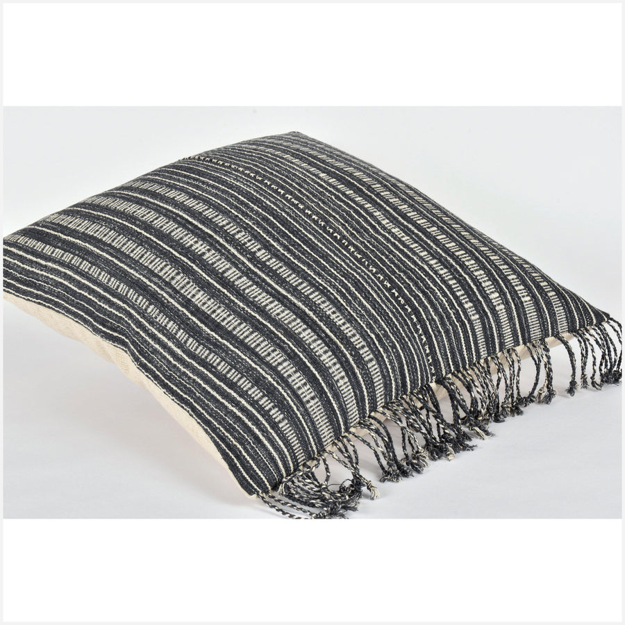 Tribal ethnic striped pillow, Hmong tribal 22 in. square cushion, handwoven cotton, neutral dark gray cream natural organic dye KK64