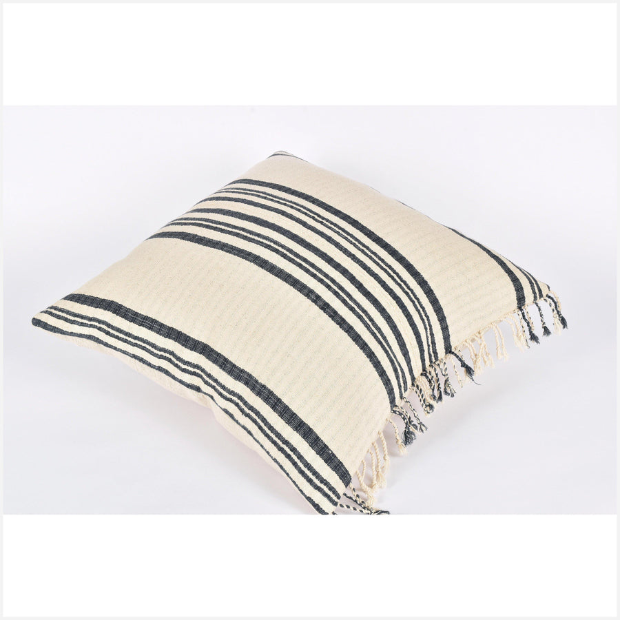 Tribal ethnic striped pillow, Hmong tribal 22 in. square cushion, handwoven cotton, neutral gray cream natural organic dye KK74