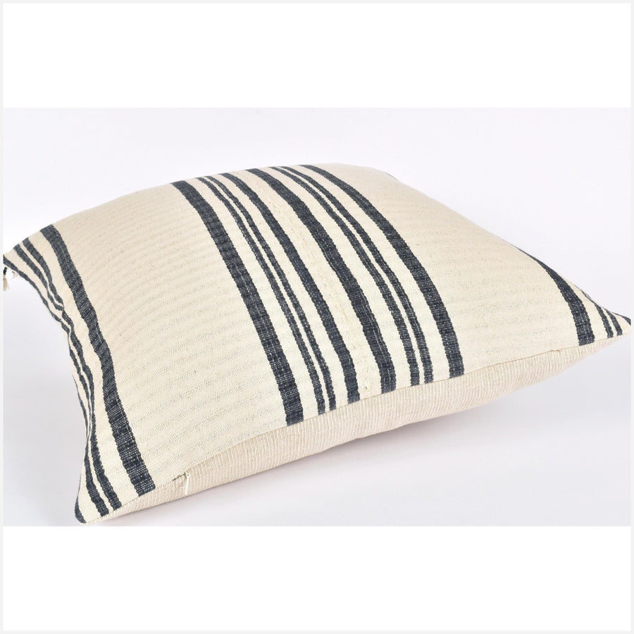 Tribal ethnic striped pillow, Hmong tribal 22 in. square cushion, handwoven cotton, neutral gray cream natural organic dye KK74