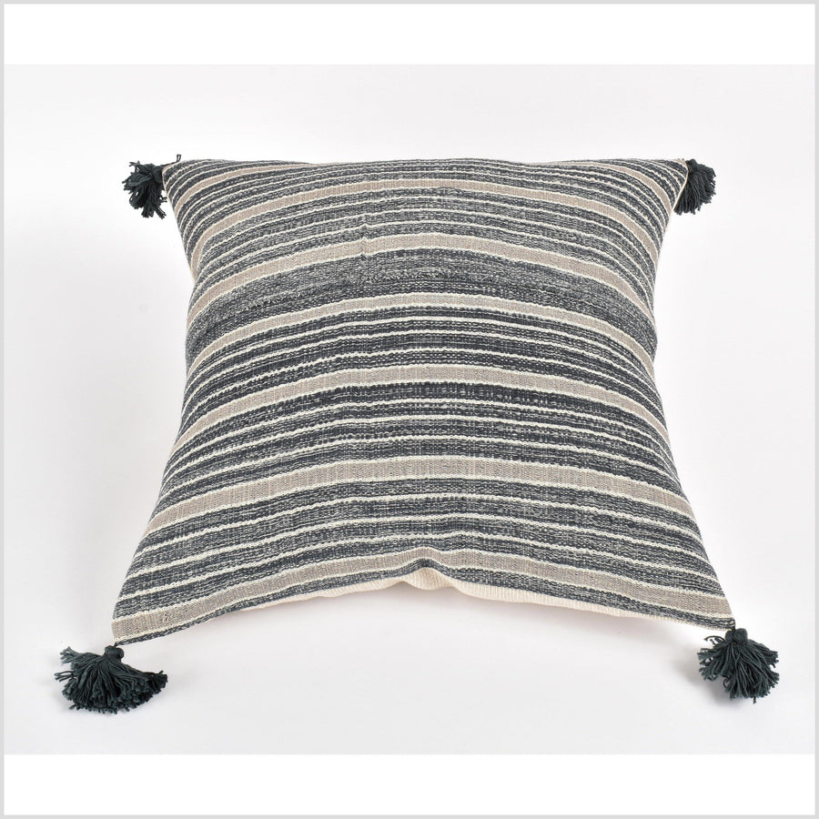Tribal ethnic striped pillow, Hmong tribal 22 in. square cushion, handwoven cotton, neutral gray, off-white, cream, natural organic dye VV40
