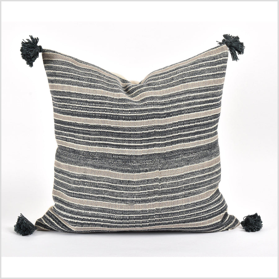 Tribal ethnic striped pillow, Hmong tribal 22 in. square cushion, handwoven cotton, neutral gray, off-white, cream, natural organic dye VV40