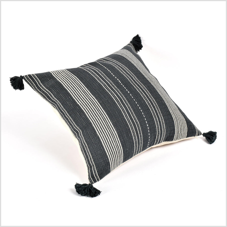 Tribal ethnic striped pillow, Hmong tribal 22 in. square cushion, handwoven cotton, neutral gray, off-white, cream, natural organic dye VV43