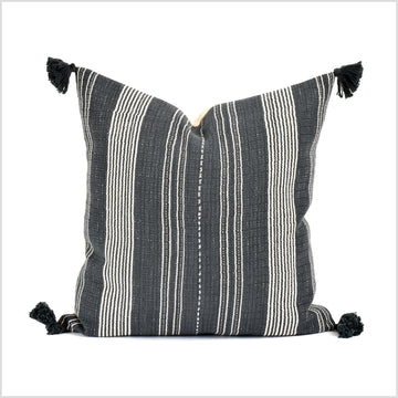 Tribal ethnic striped pillow, Hmong tribal 22 in. square cushion, handwoven cotton, neutral gray, off-white, cream, natural organic dye VV43