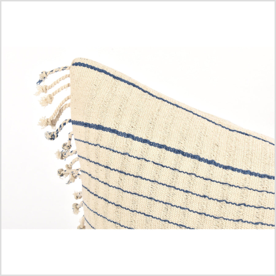 Tribal ethnic striped pillow, Hmong tribal 22 in. square cushion, handwoven cotton, neutral off-white, cream, blue, natural organic dye VV48