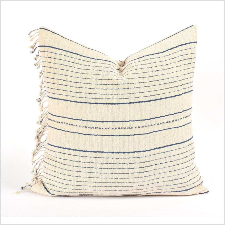 Tribal ethnic striped pillow, Hmong tribal 22 in. square cushion, handwoven cotton, neutral off-white, cream, blue, natural organic dye VV48