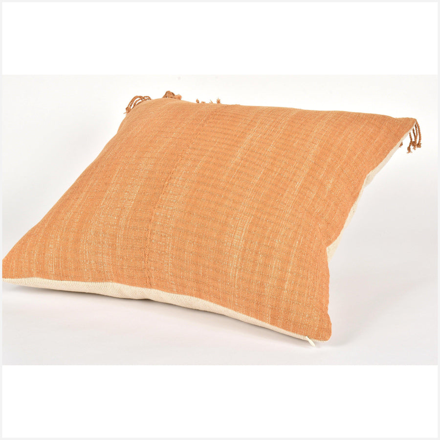 Tribal ethnic striped pillow, Hmong tribal 22 in. square cushion, handwoven cotton, neutral saffron gold natural organic dye KK71