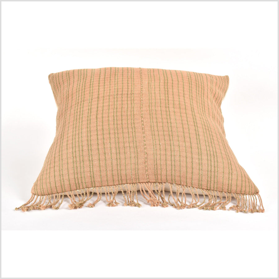 Tribal ethnic striped pillow, Hmong tribal 22 in. square cushion, handwoven cotton, neutral saffron, umber, olive green, natural organic dye VV49