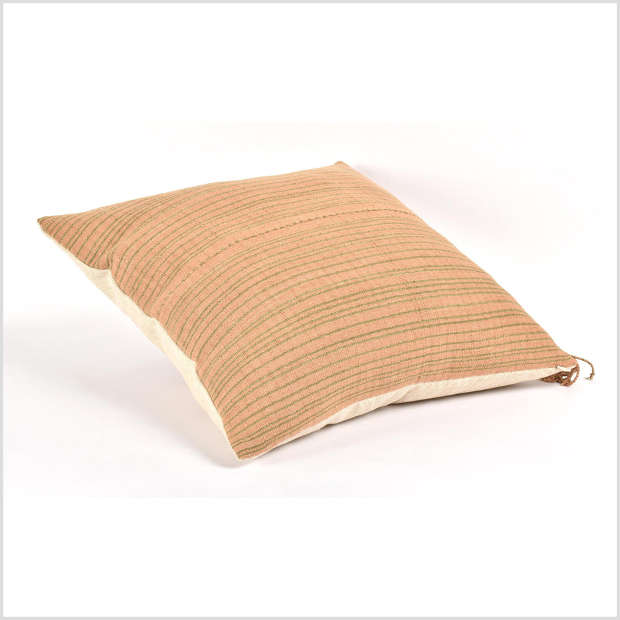 Tribal ethnic striped pillow, Hmong tribal 22 in. square cushion, handwoven cotton, neutral saffron, umber, olive green, natural organic dye VV49