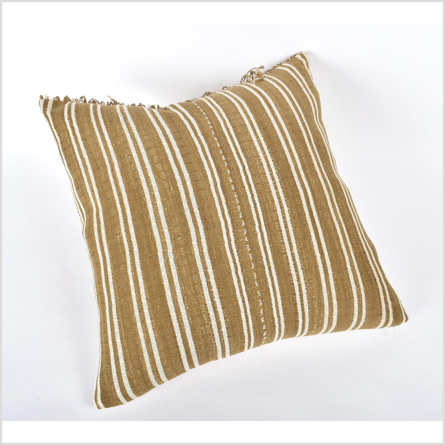 Tribal ethnic striped pillow, Hmong tribal 22 in. square cushion, handwoven cotton, neutral warm off-white, khaki brown, olive green natural organic dye VV88