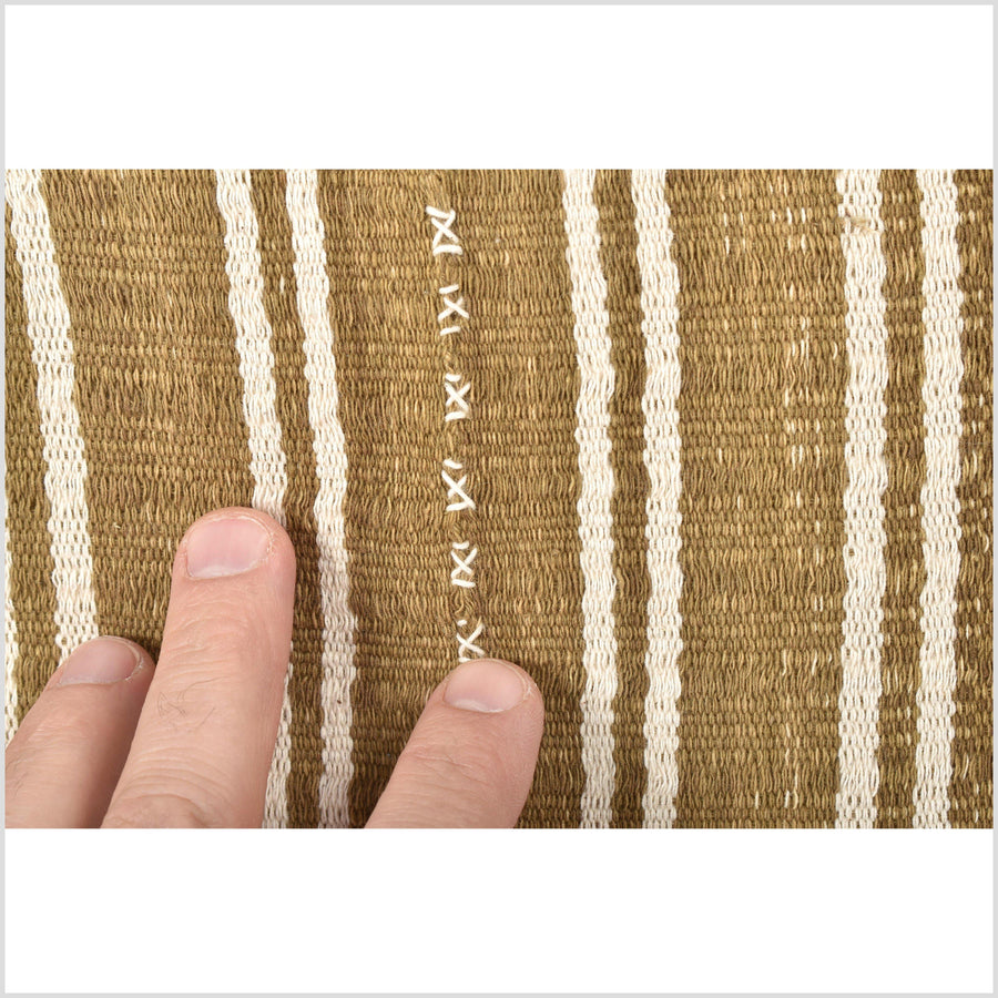 Tribal ethnic striped pillow, Hmong tribal 22 in. square cushion, handwoven cotton, neutral warm off-white, khaki brown, olive green natural organic dye VV88