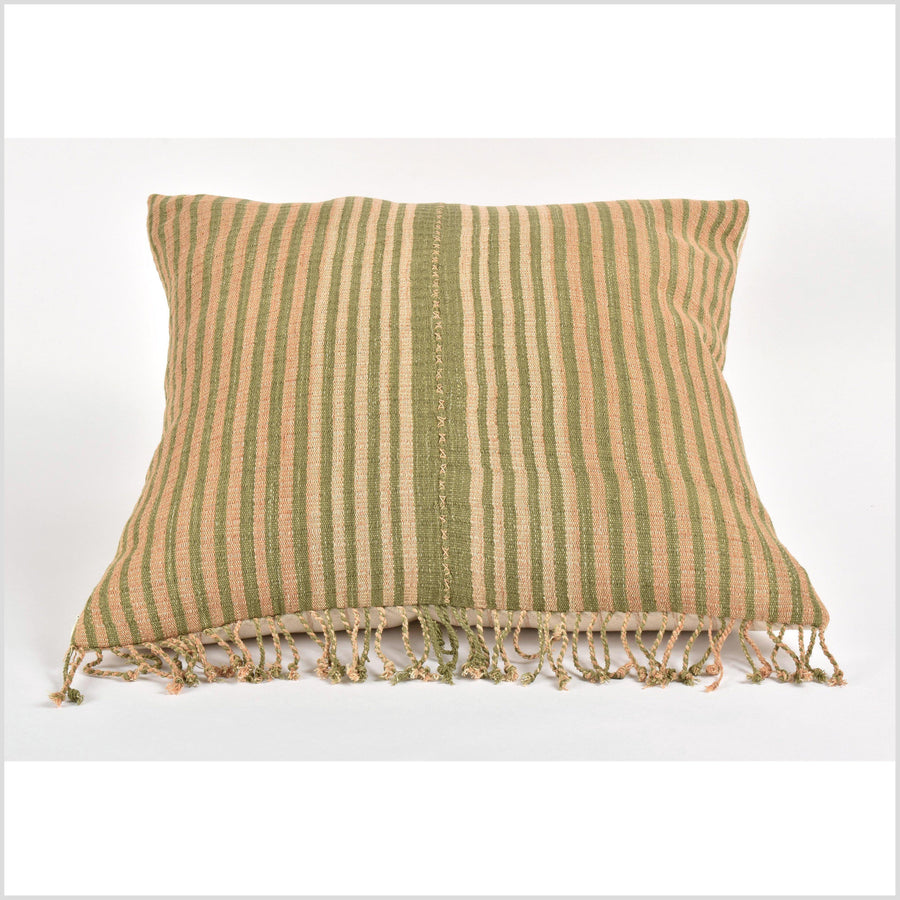 Tribal ethnic striped pillow, Hmong tribal 23 in. square cushion, handwoven cotton, neutral olive green, gold, tan, natural organic dye VV45