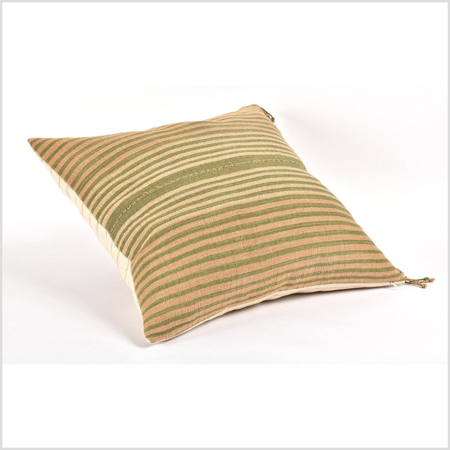 Tribal ethnic striped pillow, Hmong tribal 23 in. square cushion, handwoven cotton, neutral olive green, gold, tan, natural organic dye VV45