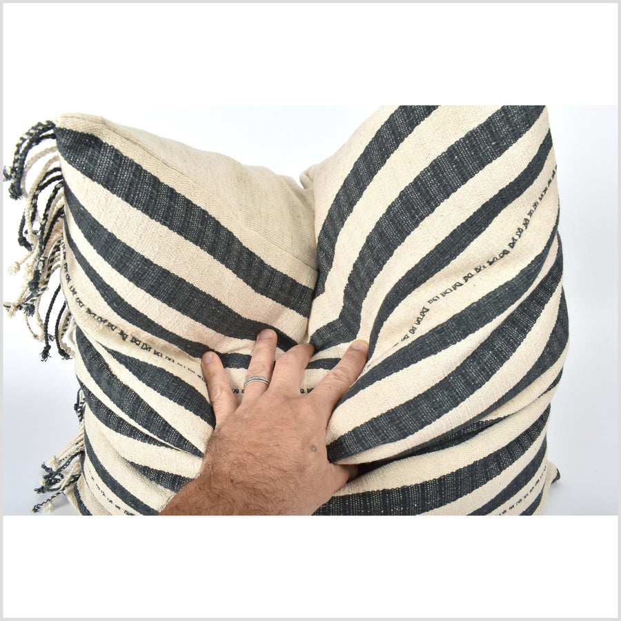Tribal ethnic striped pillow, Hmong tribal 23 in. square cushion, handwoven cotton, neutral warm off-white, gray natural organic dye VV78