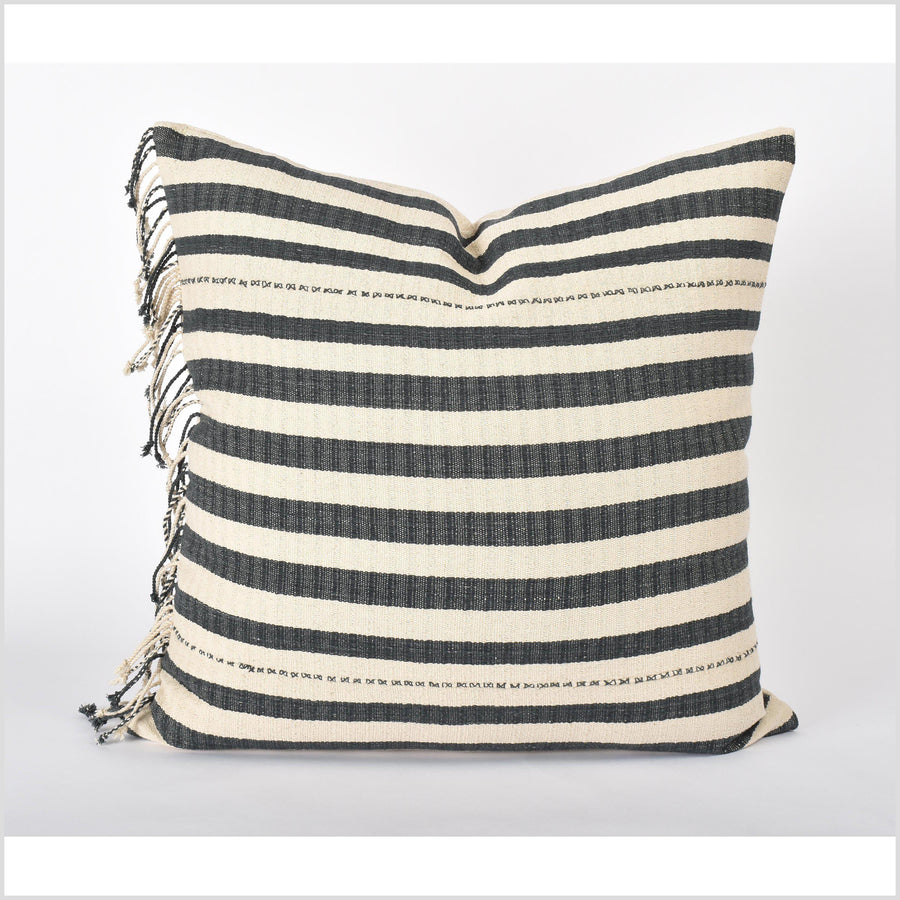Tribal ethnic striped pillow, Hmong tribal 23 in. square cushion, handwoven cotton, neutral warm off-white, gray natural organic dye VV78