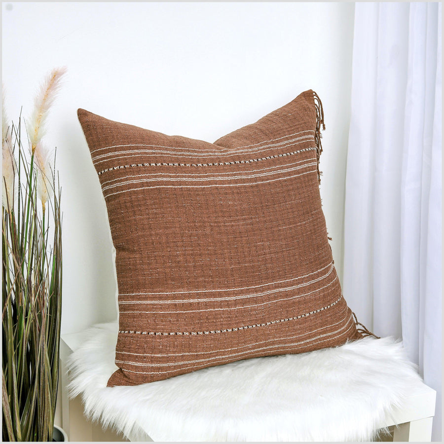 Tribal ethnic striped pillow, Hmong tribal 23 inch square cushion, handwoven cotton, neutral brown white stripe, natural organic dye YY61