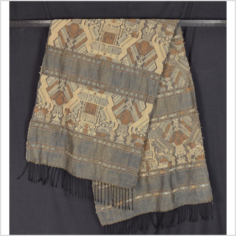 Tribal hilltribe runner tapestry, Laos Tai Lue boho textile, gray, brown, beige wedding gift blanket cotton throw natural dye ethnic decor PO115