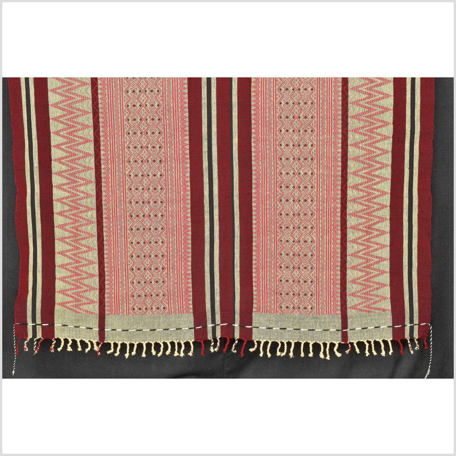 Tribal home decor, tan black burgundy red, ethnic Naga blanket, handwoven cotton throw, boho tapestry, Christmas textile runner PO49