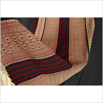 Tribal home decor, tan black burgundy red, ethnic Naga blanket, handwoven cotton throw, boho tapestry, Christmas textile runner PO50