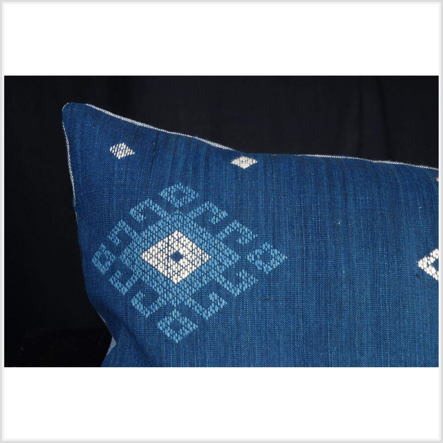 Tribal indigo cotton pillow blue white handwoven natural dye textile ethnic Tai Lue Laos fabric decorative rectangle lumbar cushion QW78