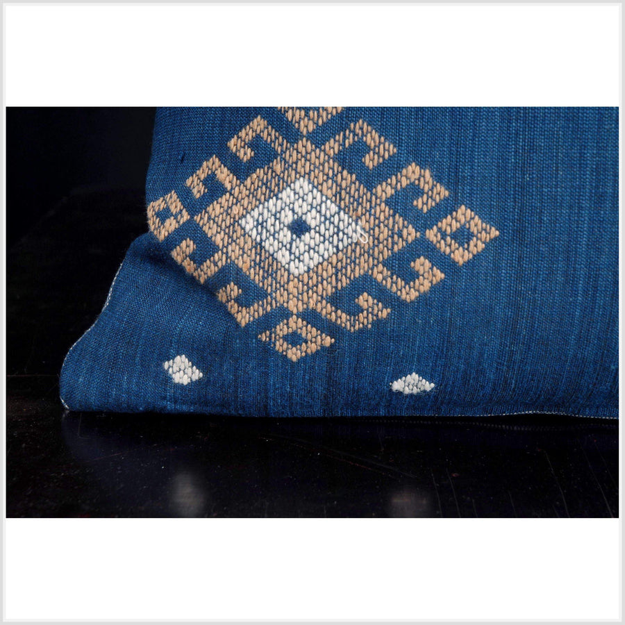 Tribal indigo cotton pillow blue white handwoven natural dye textile ethnic Tai Lue Laos fabric decorative rectangle lumbar cushion QW78