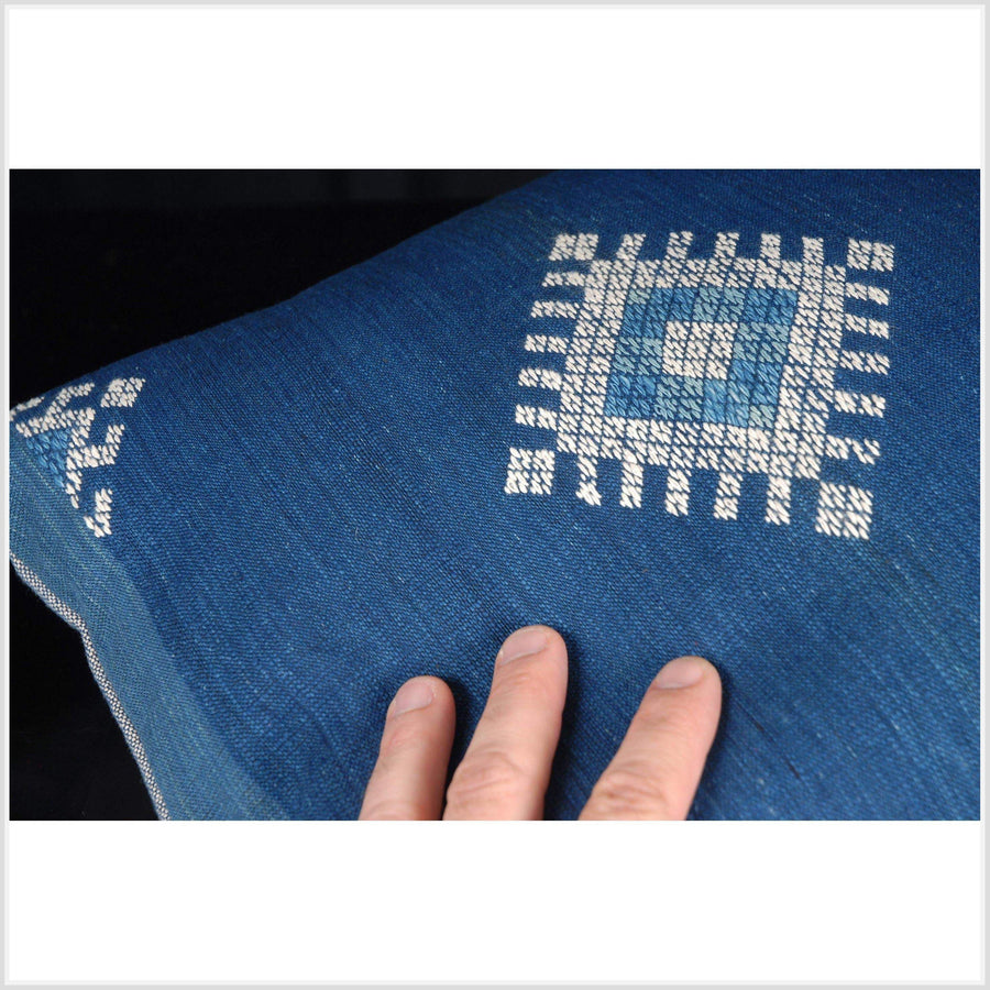 Tribal indigo cotton pillow blue white handwoven natural dye tribe textile ethnic Tai Lue Laos fabric decorative nautical square cushion AS5
