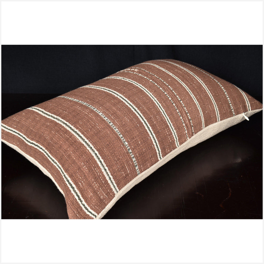 Tribal lumbar pillow Karen Hmong ethnic fabric 12 x 20 cushion hand woven cotton brown off-white gray stripe decor natural dye OO36