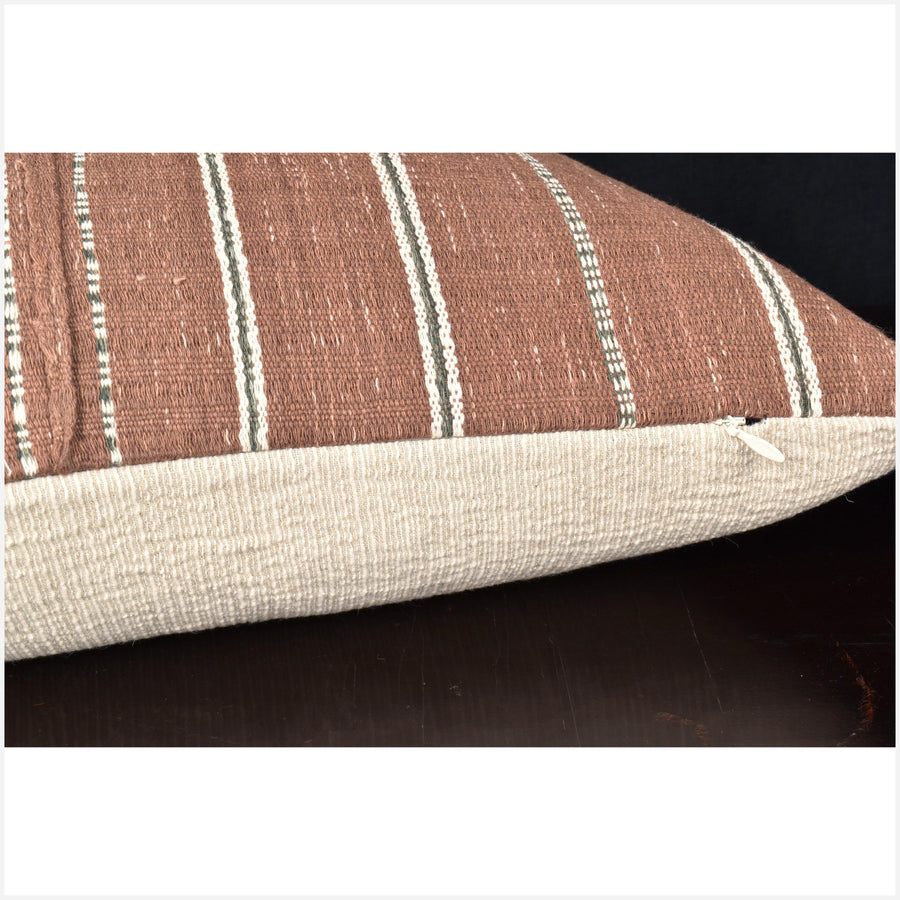 Tribal lumbar pillow Karen Hmong ethnic fabric 12 x 20 cushion hand woven cotton brown off-white gray stripe decor natural dye OO36
