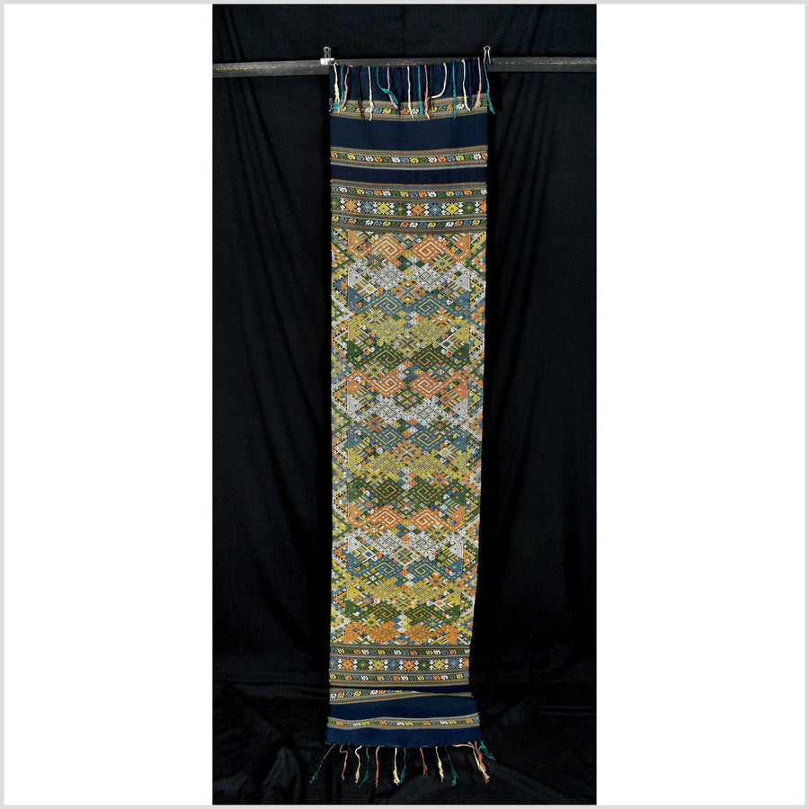Tribal silk runner tapestry Laos Tai Lue boho textile yellow orange white wedding gift blanket woven throw natural dye ethnic decor RB107