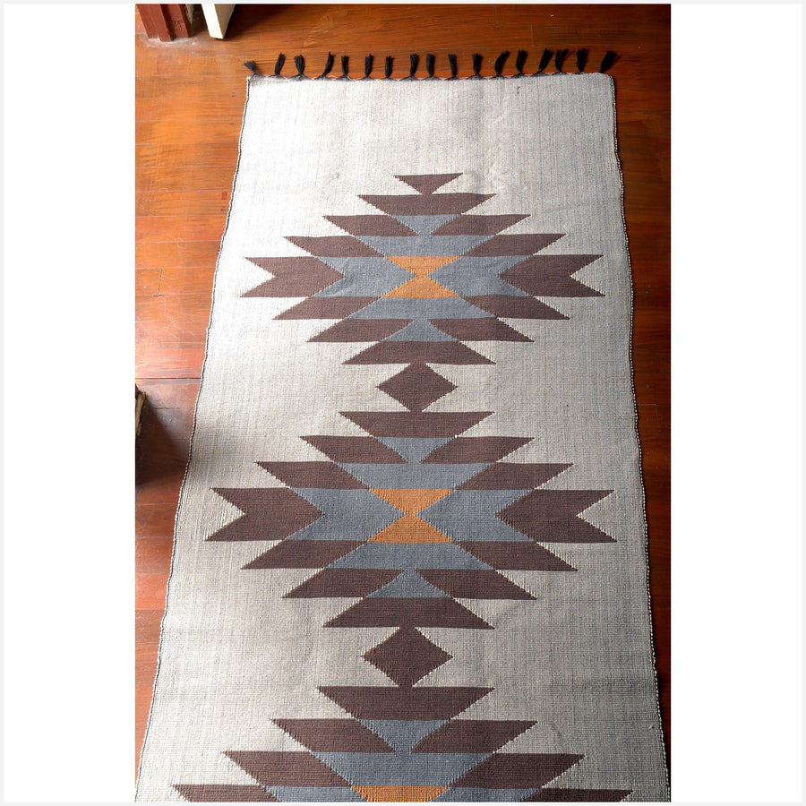 Tribal tapestry Laos Tai Lue textile gray brown tan geometric handwoven ethnic boho table runner rug carpet natural dye ethnic decor 14 FU51