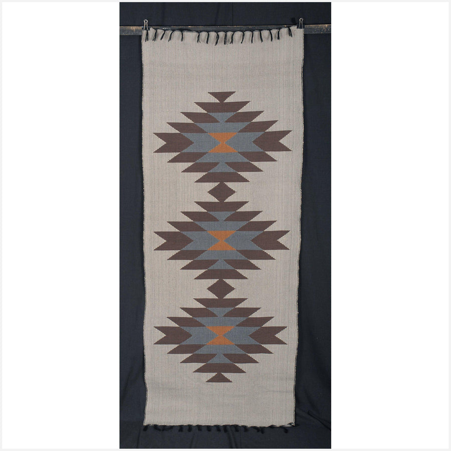 Tribal tapestry Laos Tai Lue textile gray brown tan geometric handwoven ethnic boho table runner rug carpet natural dye ethnic decor 14 FU51