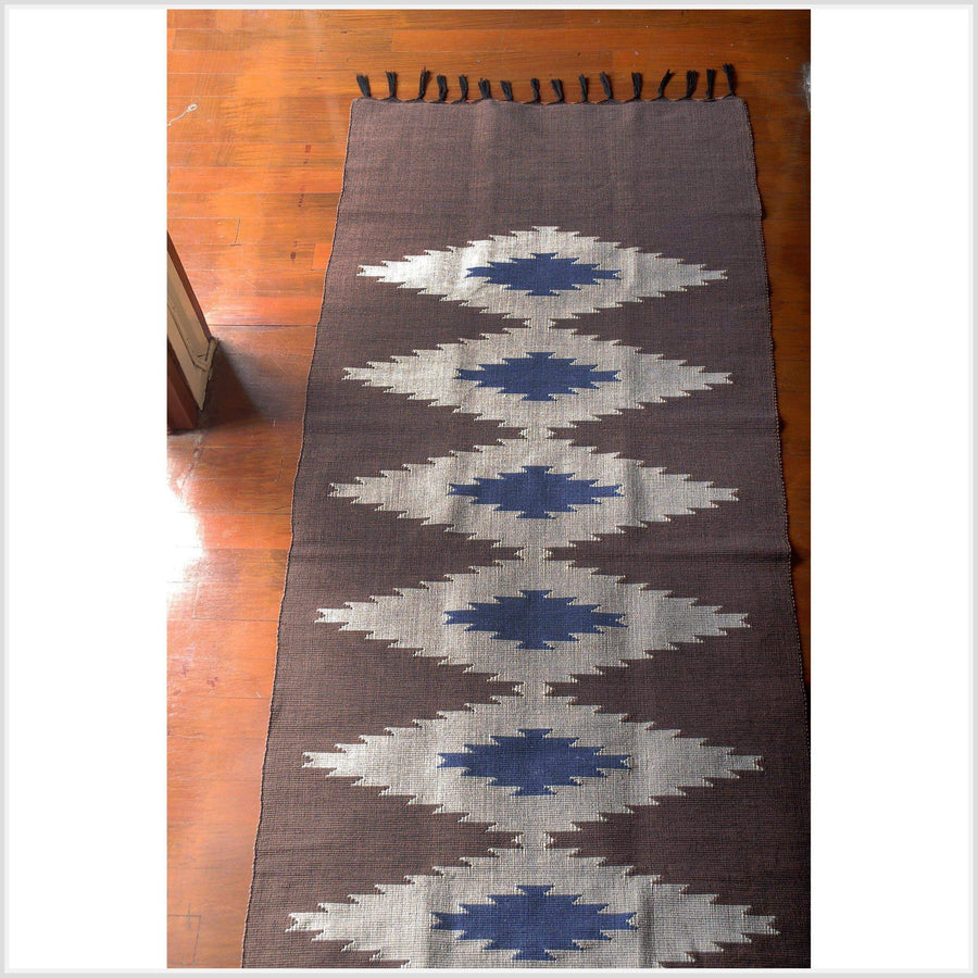 Tribal tapestry Laos Tai Lue textile neutral indigo blue brown gray handwoven ethnic boho table runner rug natural dye geo ethnic dec 6 FU46