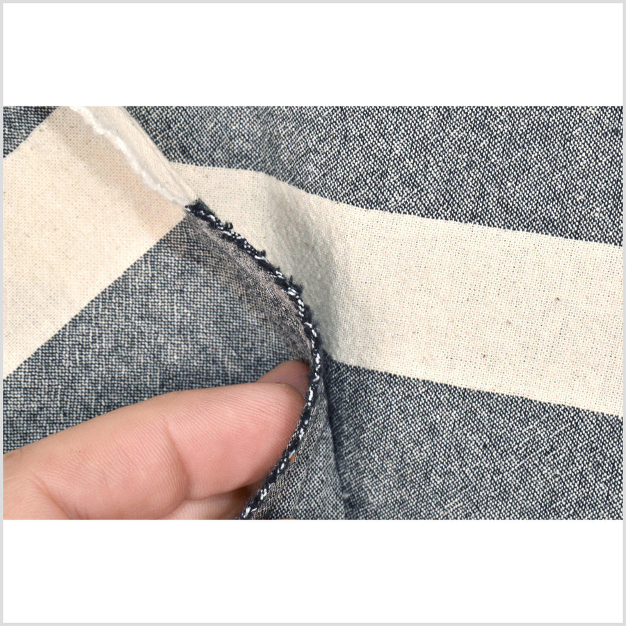 Unbleached 100% cotton fabric black/dark gray color with horizontal woven cream banding, by the yard PHA70