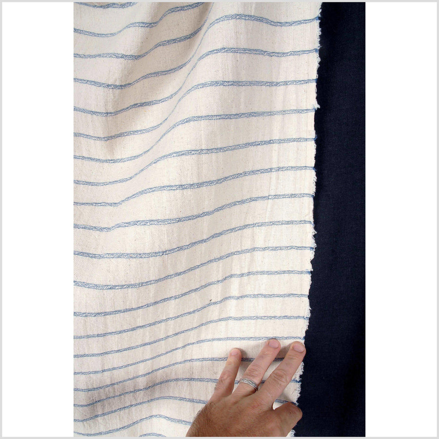 Unbleached 100% cotton fabric off-white, cream color with horizontal woven blue stripes sold by the yard PHA4