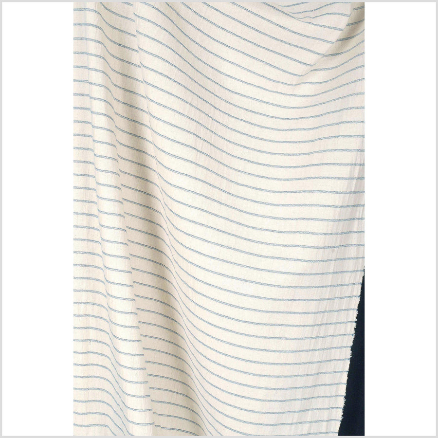 Unbleached 100% cotton fabric off-white, cream color with horizontal woven blue stripes sold by the yard PHA4