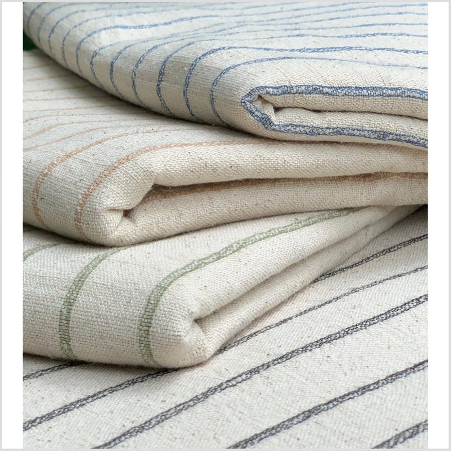 Unbleached 100% cotton fabric off-white, cream color with horizontal woven olive green stripes, by the yard PHA3