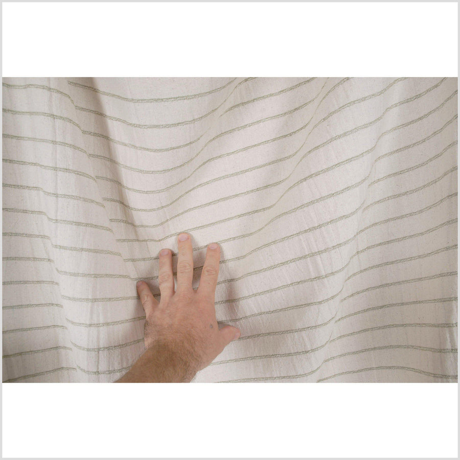 Unbleached 100% cotton fabric off-white, cream color with horizontal woven olive green stripes, by the yard PHA3