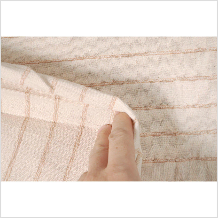 Unbleached 100% cotton fabric off-white, cream color with horizontal woven tan stripes sold by 10 yard lot PHA2