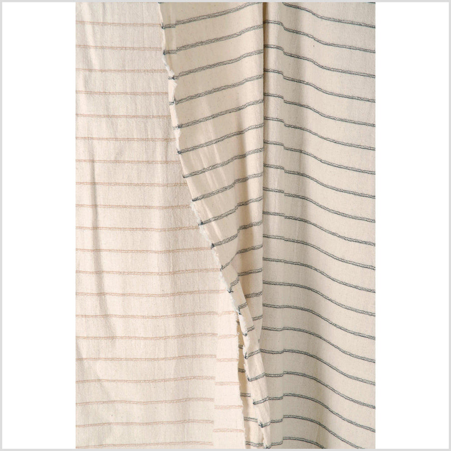 Unbleached 100% cotton fabric off-white, cream color with horizontal woven tan stripes sold by the yard PHA2
