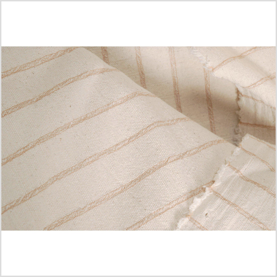 Unbleached 100% cotton fabric off-white, cream color with horizontal woven tan stripes sold by the yard PHA2