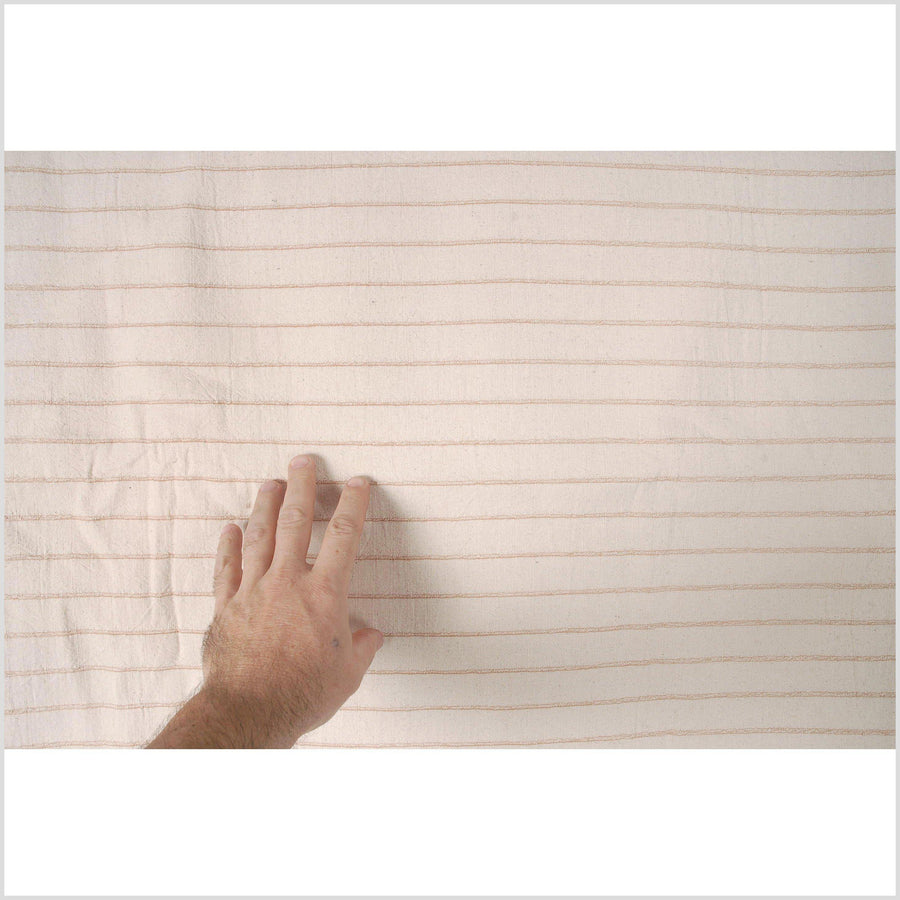 Unbleached 100% cotton fabric off-white, cream color with horizontal woven tan stripes sold by the yard PHA2
