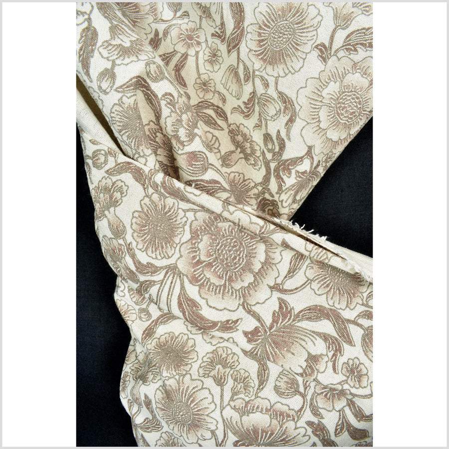 Unbleached cotton flower print fabric, sturdy strong off-white, black, brown color, vertical subtle striping, Thailand craft, fabric by yard PHA311-10