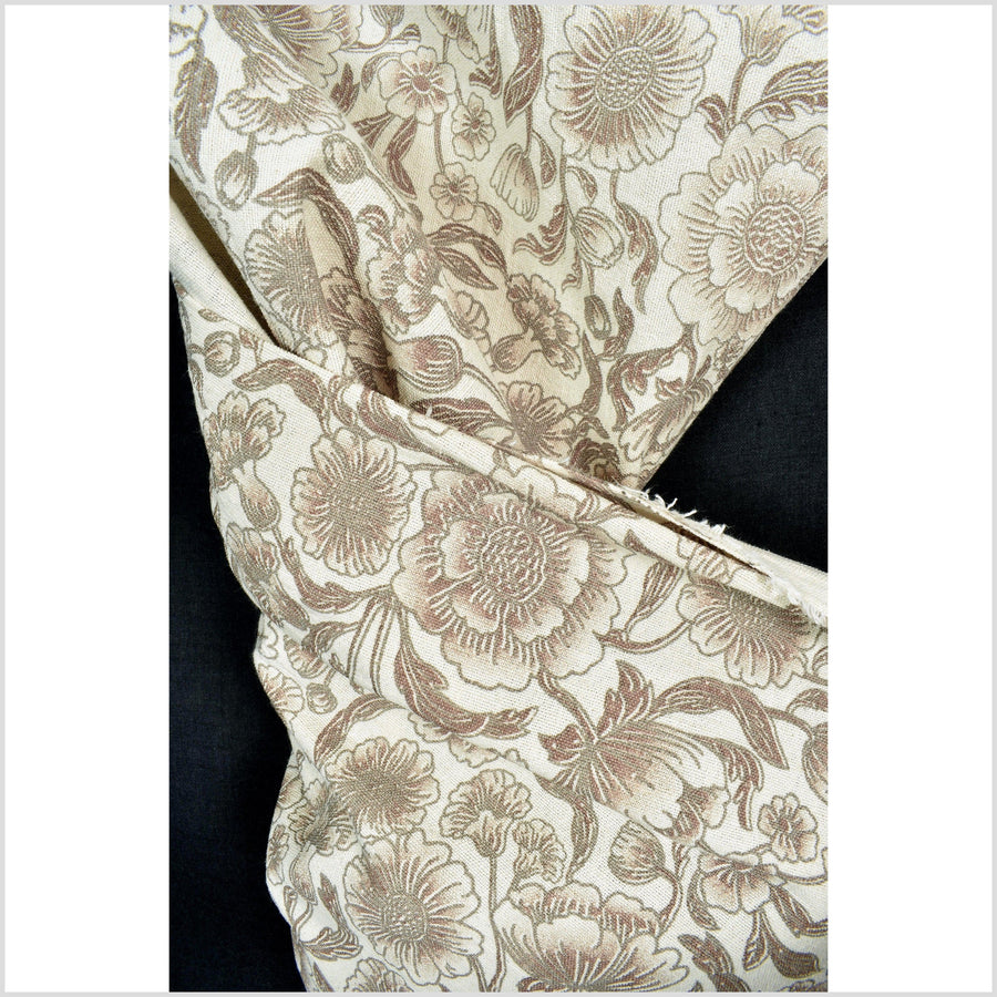 Unbleached cotton flower print fabric, sturdy strong off-white, black, brown color, vertical subtle striping, Thailand craft, fabric by yard PHA311