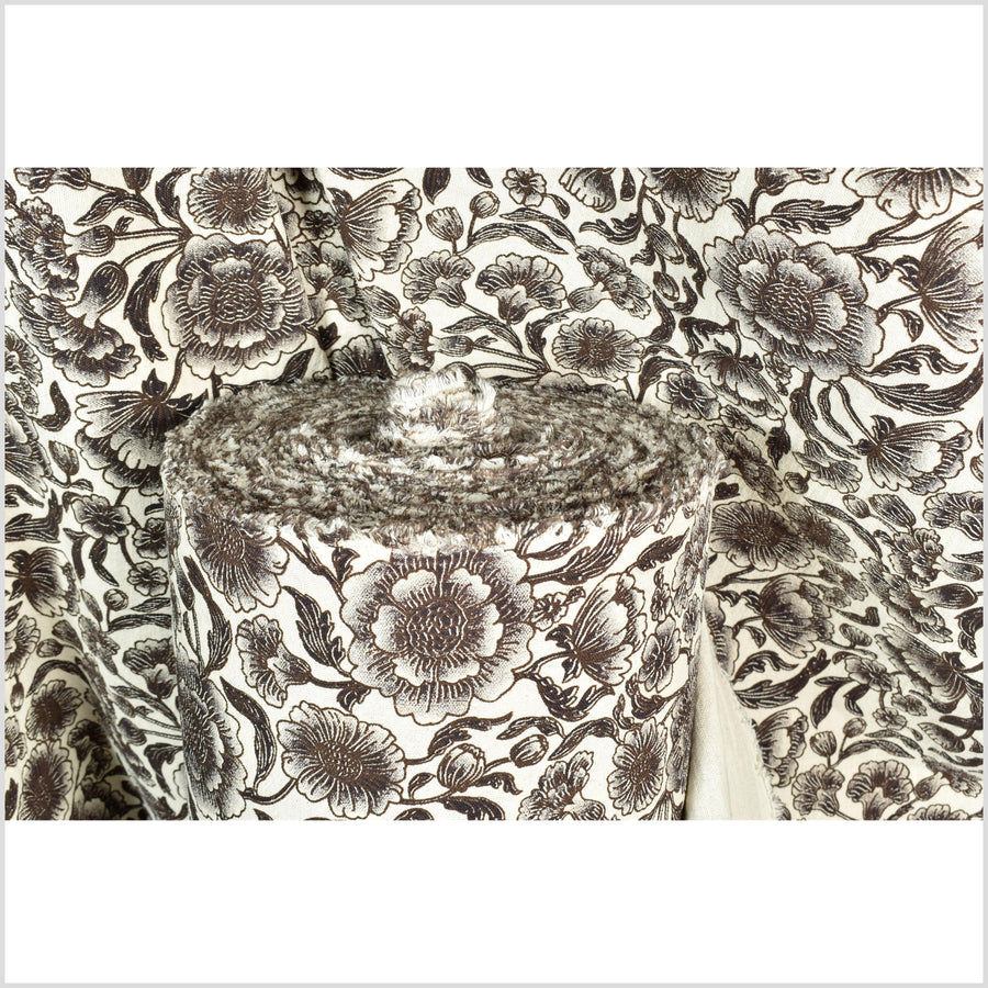 Unbleached cotton flower print fabric, sturdy strong off-white, black, brown color, vertical subtle striping, Thailand craft, fabric by yard PHA311