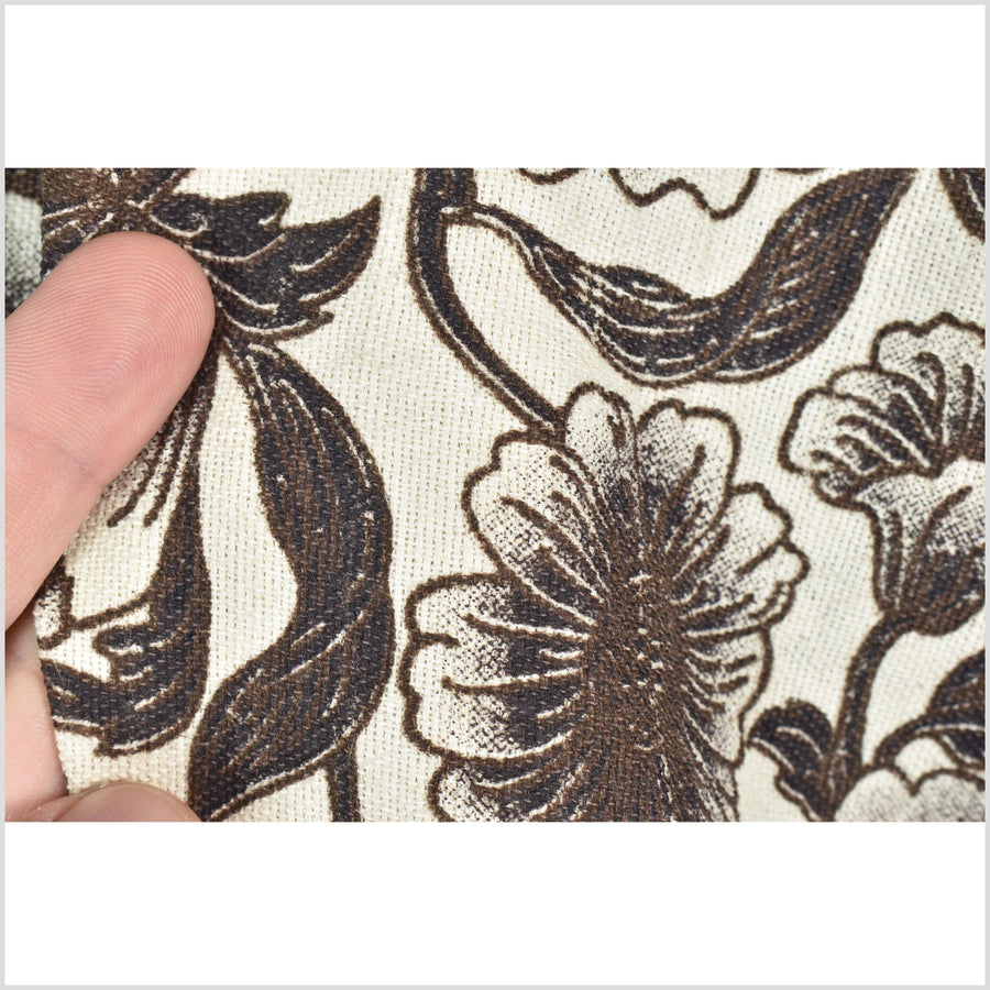 Unbleached cotton flower print fabric, sturdy strong off-white, black, brown color, vertical subtle striping, Thailand craft, fabric by yard PHA311
