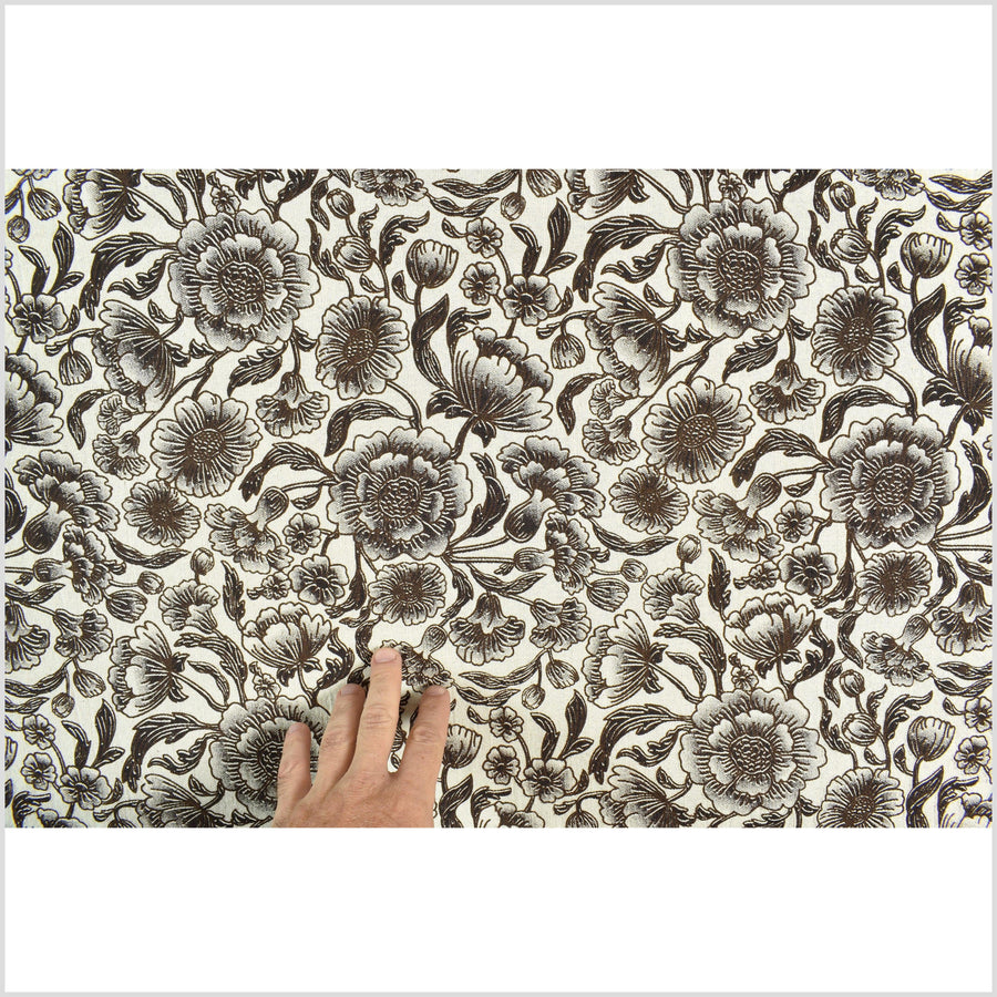 Unbleached cotton flower print fabric, sturdy strong off-white, black, brown color, vertical subtle striping, Thailand craft, fabric by yard PHA311