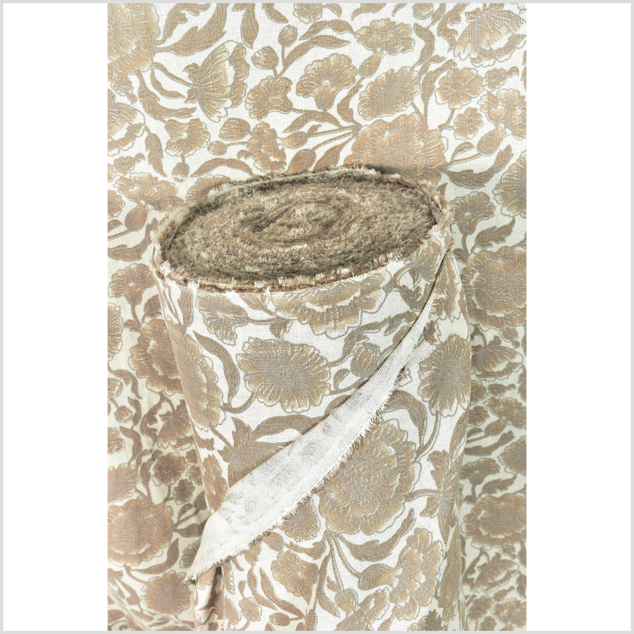 Unbleached cotton flower print fabric, sturdy strong off-white, gray, brown color, vertical subtle striping, Thailand craft, fabric by yard PHA286