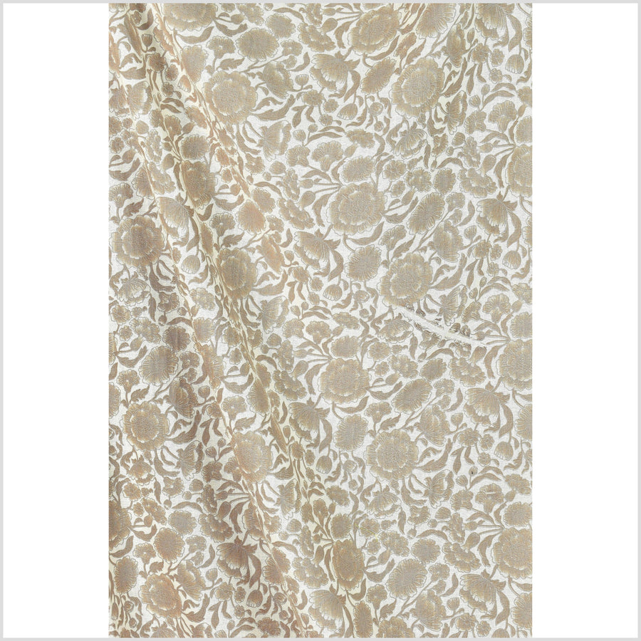 Unbleached cotton flower print fabric, sturdy strong off-white, gray, brown color, vertical subtle striping, Thailand craft, fabric by yard PHA286