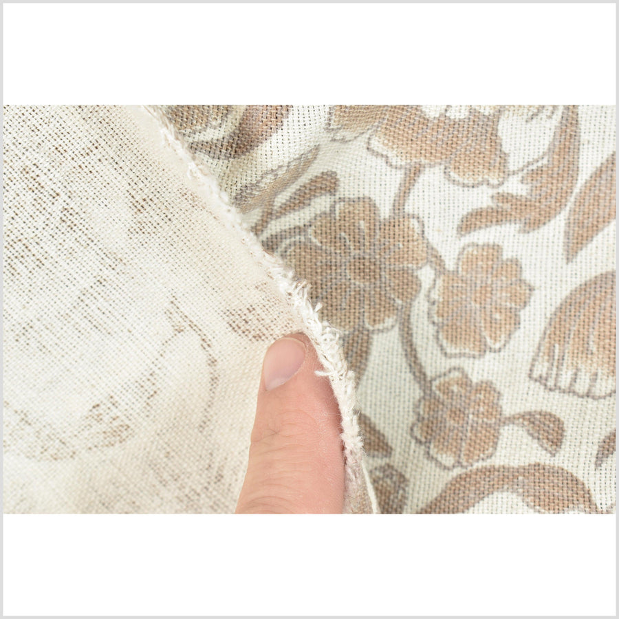 Unbleached cotton flower print fabric, sturdy strong off-white, gray, brown color, vertical subtle striping, Thailand craft, fabric by yard PHA286