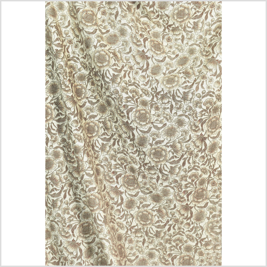Unbleached cotton flower print fabric, sturdy strong off-white, gray, brown color, vertical subtle striping, Thailand craft, fabric by yard PHA317-10